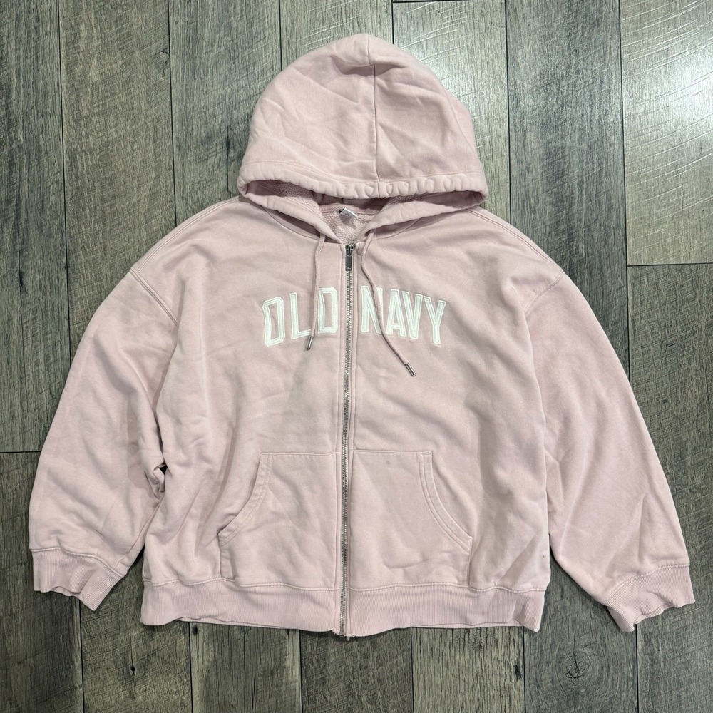 Y2K Old Navy Logo Full Zip Hoodie Abalone Pink Sherpa Lined Sweatshirt Women's L